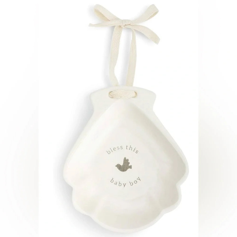 Demdaco Cream 'Bless This Baby Boy' Hanging Shell Dish